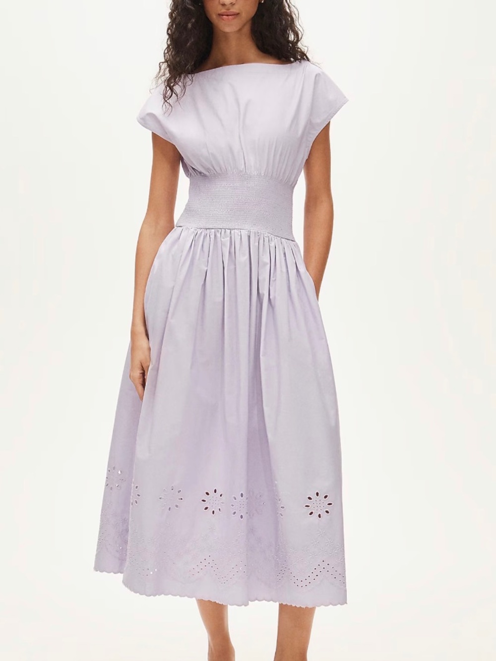 J.Crew Lilac Eyelet Embroidered Midi Dress Smocked Waist Cotton M